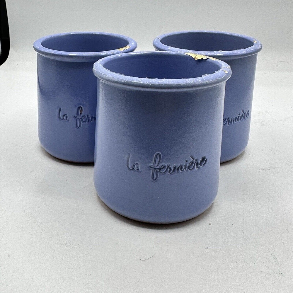 Set Of 3 La Fermiere Periwinkle Terra Cotta Pottery Yogurt Pots - Picture 4 of 5
